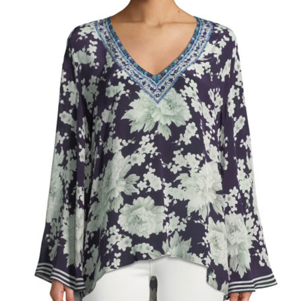 Camilla Embellished Floral-Print Silk V-Neck